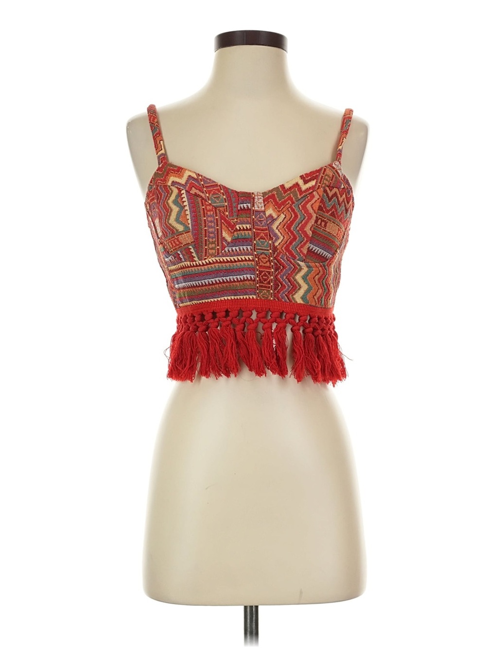 EUC cider boho tassel zip up cami red fringe festival top